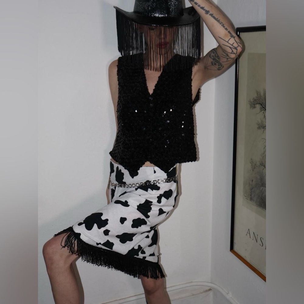 Black and White Cow Print Fringe Midi Skirt American Vintage